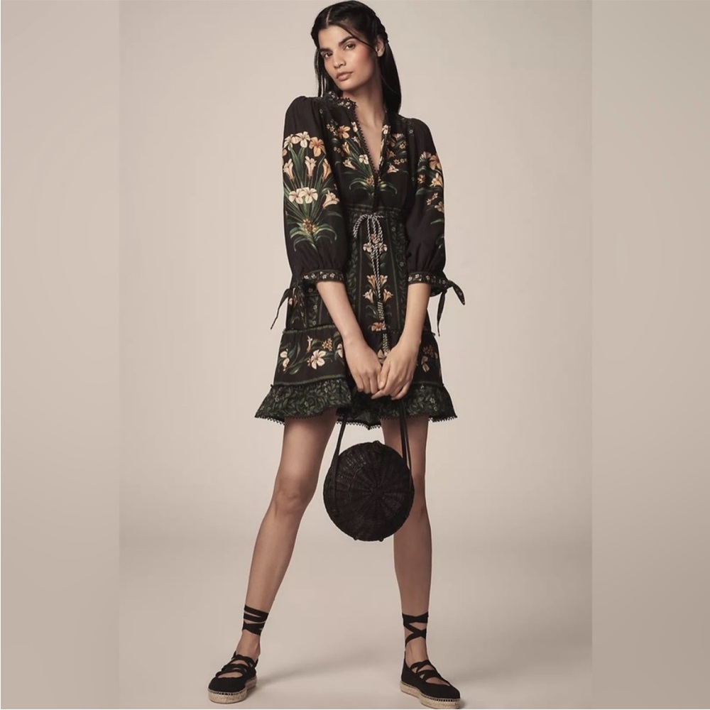 FARM Rio Black Flowers Arch Lenzing Ecovero Euroflax Mini Dress - Picture 2 of 11